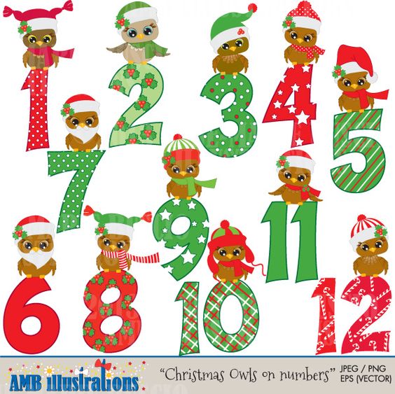 Christmas Owls and numbers -C - 12 Days Of Christmas Clipart Christmas Owls and numbers -C - 12 Days Of Christmas Clipart